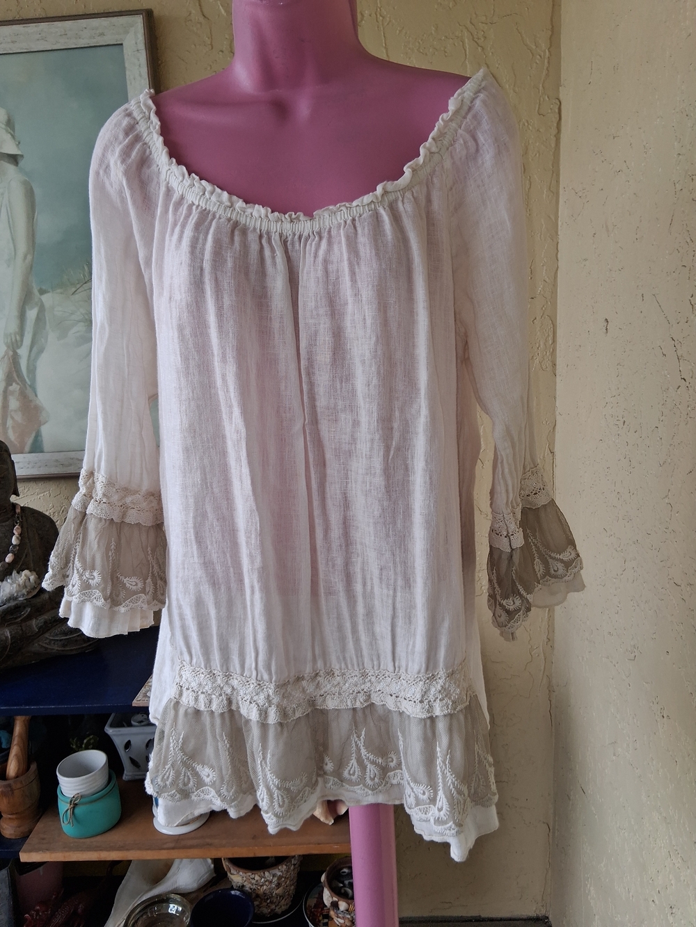 Boho White Peasant Blouse with Lace Ruffle Trim